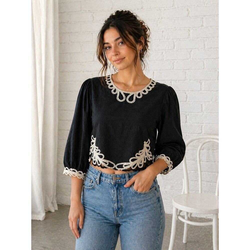 En Crème Black Crop Top Lace Trim Boho Cottagecore Puff Sleeve Blouse Size L